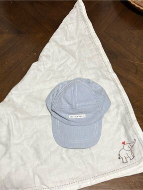 Jacadi Light Blue Striped Baby Cap and elephant blanket